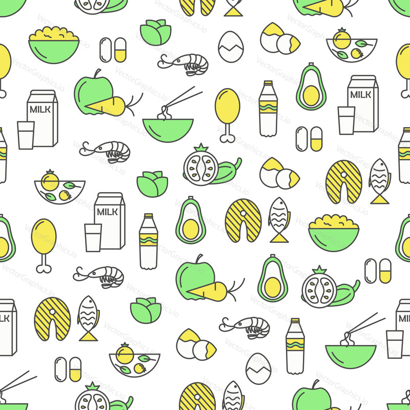 Vector seamless pattern with fresh natural products fish chicken meat seafood fruits vegetables. Organic healthy cooking, fast-casual food service. Thin line art flat proper food background, wallpaper