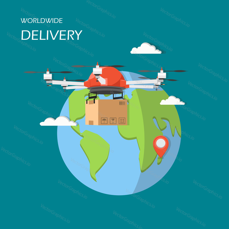 Worldwide delivery concept vector illustration. Globe with map marker and drone with parcel. Flat style design element for website template, poster, banner etc.