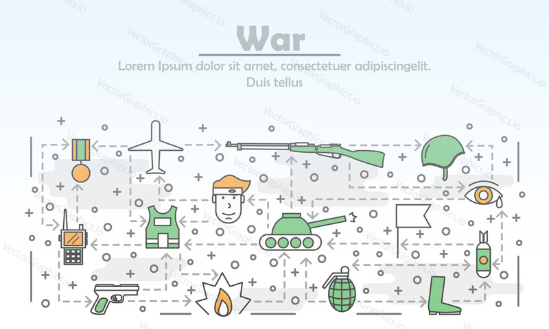 War advertising poster banner template. Military, army symbols vector thin line art flat style design elements, icons for web banners and printed materials.