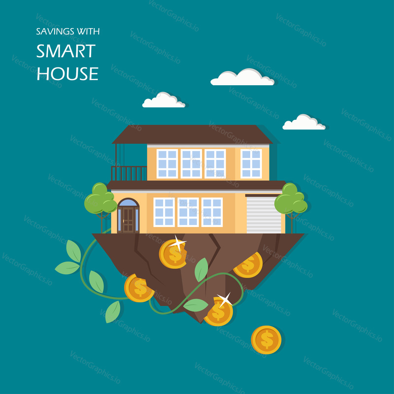 Savings with smart house concept vector illustration. Dollar coins falling out of house building into human hand. Flat style design element for website template, poster, banner etc.