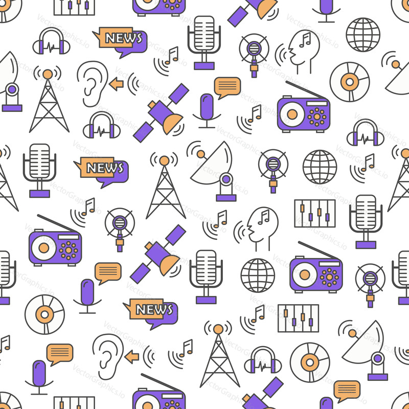Vector seamless pattern with radio station music news broadcasting thin line art flat icons. Radio background, wallpaper.