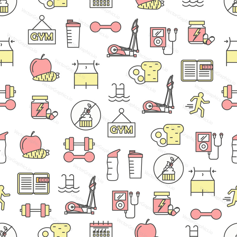 Vector seamless pattern with fitness, dieting, gym equipment icons. Thin line art flat style design slimming background, wallpaper.
