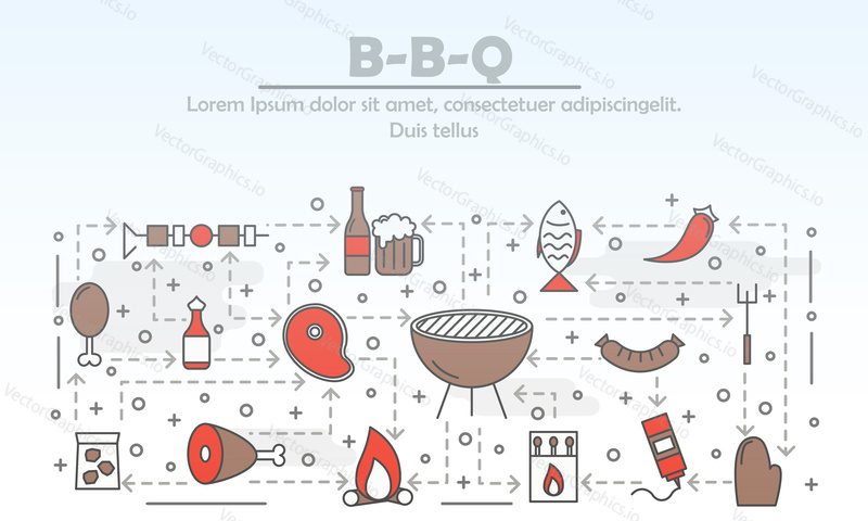 Barbeque advertising vector poster banner template. Bbq grilled meat fish sauce chili beer and grilling equipment thin line art flat style design elements, icons for web banners, printed materials.