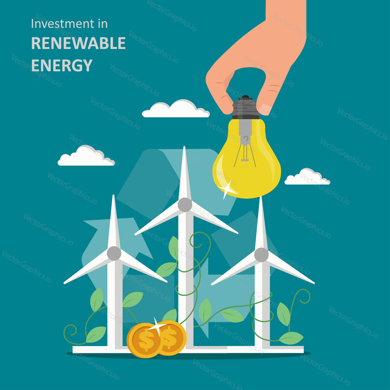 Investment in renewable clean energy concept vector flat illustration. Windmills wind turbines with green leaves, universal recycling symbol, human hand holding light bulb and dollar coins.