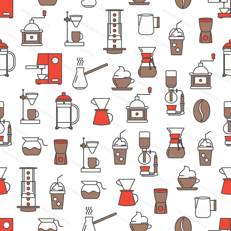 Vector seamless pattern with coffee making equipment and accessories. Thin line art flat style design coffee brewing background, wallpaper.