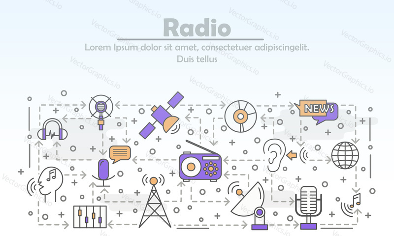 Radio advertising vector poster banner template. Radio station music news broadcasting. Thin line art flat icons for web banners, printed materials.