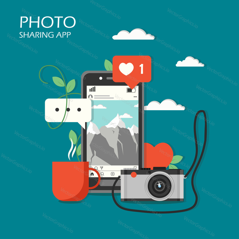 Social photo sharing app concept vector illustration. Mobile phone with instagram service app, social network like icon, camera. Flat style design element for website template, poster, banner etc.