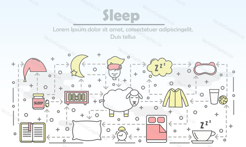 Sleep advertising vector poster banner template. Sleeping bed, mask clothes pillow, pills, book, tea, milk, biscuits, alarm clock, sheep etc. Sleeping and insomnia thin line art flat icons for web.