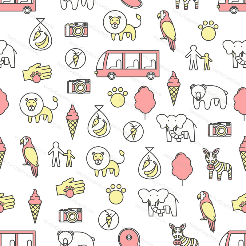 Vector seamless pattern with bear, elephant, zebra, parrot, lion, ice cream cone, bus, camera, visitors, animal food and cotton candy. Thin line art flat style design zoo background, wallpaper.