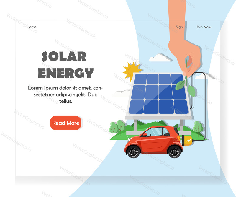 Eco friendly solar energy website homepage template. Vector flat style design element illustration with copy space and read more button.
