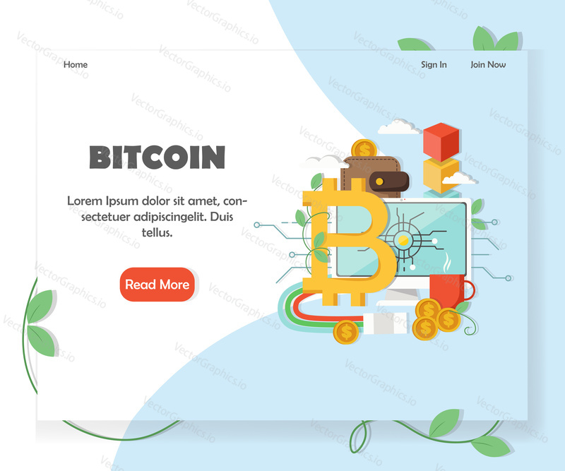 Bitcoin cryptocurrency investment website homepage template. Vector flat style design element with copy space and read more button.