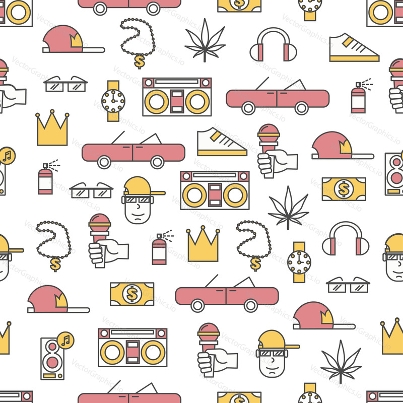 Vector seamless pattern with hip hop music singer and accessories chain glasses watch shoe cap retro car loudspeakers microphone etc. Thin line art flat style design rap music background, wallpaper.