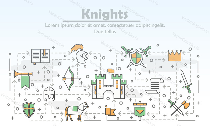 Medieval knights advertising vector poster banner template. Middle ages warrior knight clothing, armor and weapons, horse, castle etc. Thin line art flat icons for web, printed materials.