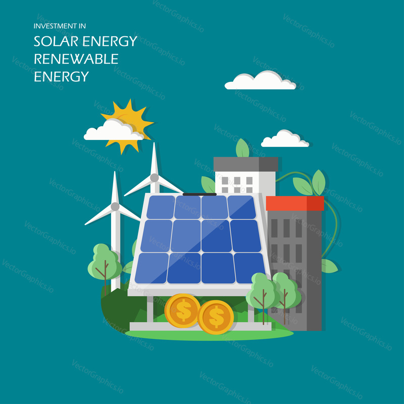 Investment in solar renewable energy concept vector illustration. Green city with wind mills, solar panel and dollar coins. Flat style design element for website template, poster, banner etc.