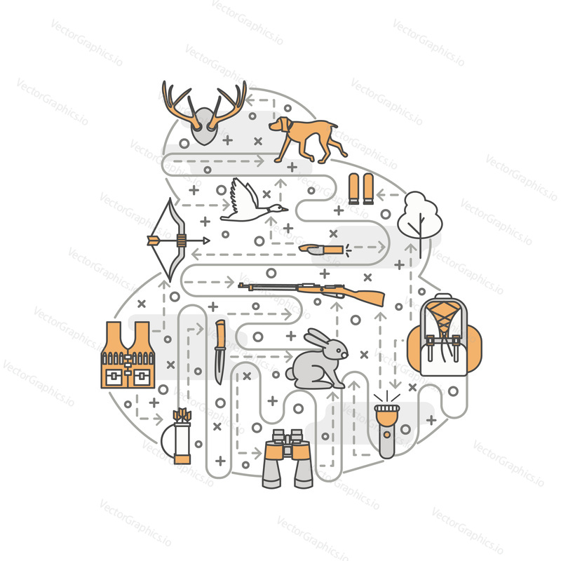 Hunter vector poster banner template. Hunting duck, deer, hare equipment and accessories. Thin line art flat style design icons in the shape of tree for web banners, printed materials.