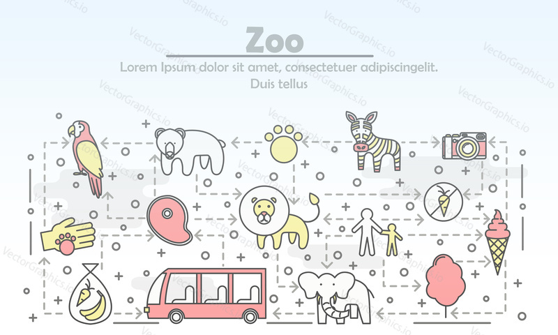 Zoo advertising vector poster banner template. Bear elephant zebra, parrot, lion, ice cream cone, bus, camera, visitors, animal food, cotton candy. Thin line art flat icons for web, printed materials.