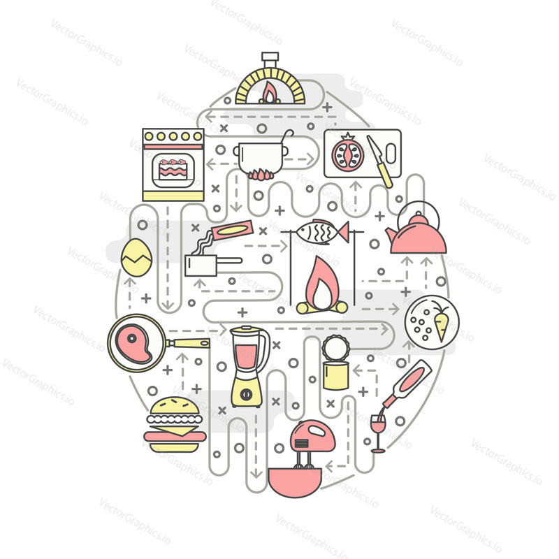 Cooking vector poster banner template. Kitchen appliances, cooking utensils, food, wine thin line art flat style design icons in the shape of chicken egg for web banners, printed materials.