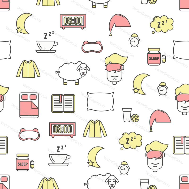 Vector seamless pattern with sleeping bed, mask clothes pillow, pills, book, tea, milk, biscuits, alarm clock, sheep, speech bubble etc. Thin line art flat sleeping and insomnia background, wallpaper.