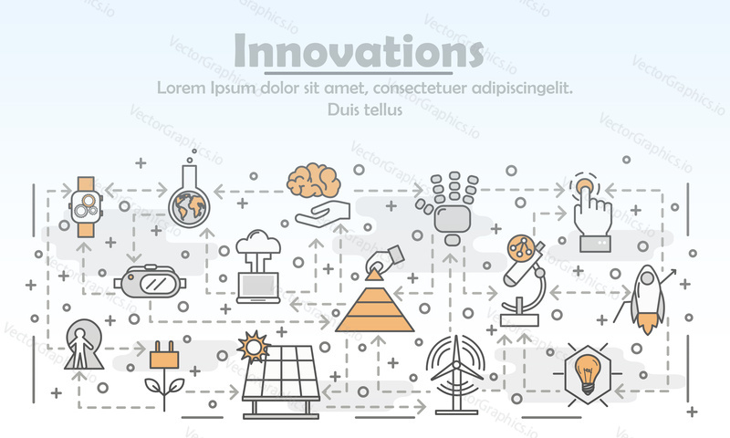 Innovations advertising poster banner template. Wind and solar panel energy, chemistry innovations etc. vector thin line art flat style design elements, icons for web banners and printed materials.