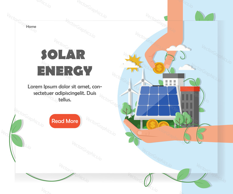 Solar renewable energy website homepage template. Vector flat style design element with copy space and read more button.