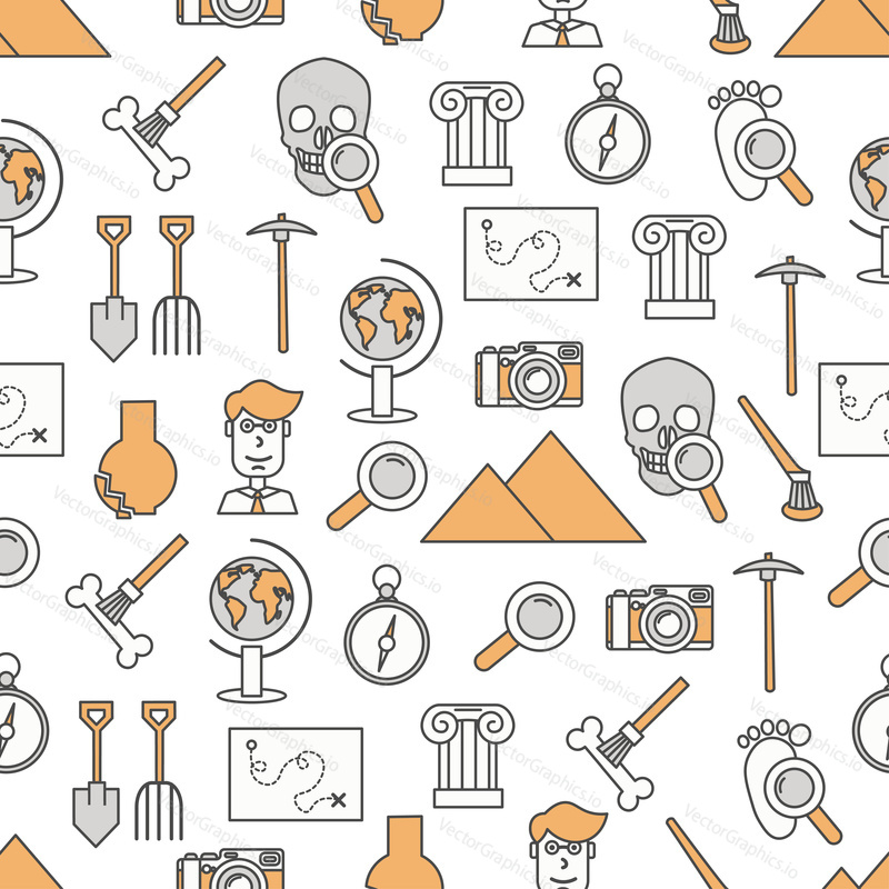 Vector seamless pattern with archaeologist and archaeological tools, ancient artifacts. Thin line art flat style design archaeological background, wallpaper.