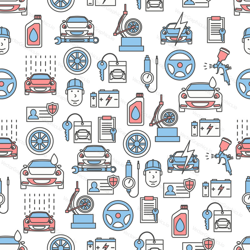 Vector seamless pattern with car service, auto shop repair and maintenance symbols. Thin line art flat style design auto service background, wallpaper.