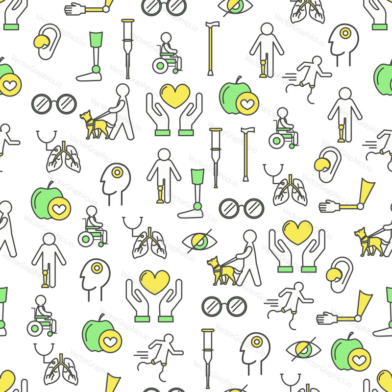 Vector seamless pattern with blind, handicapped man in wheelchair, runner on artificial legs, arm leg prosthesis, stick, crutcher. Thin line art flat style design disabled people background, wallpaper