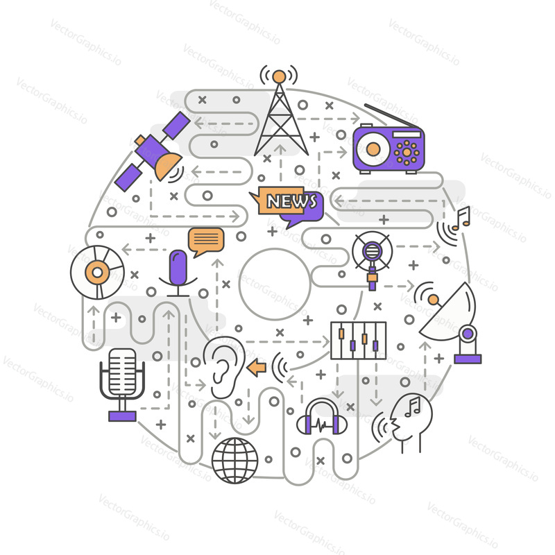 Audio disc shape vector poster banner template. Radio station music news broadcasting. Thin line art flat icons for web banners, printed materials.