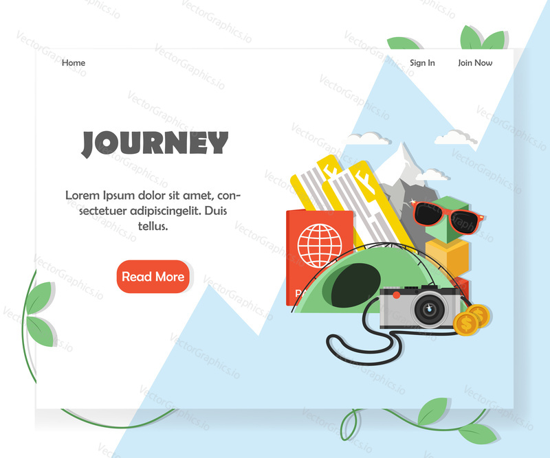 Travel agency website homepage template. Vector flat style design element with copy space and read more button.
