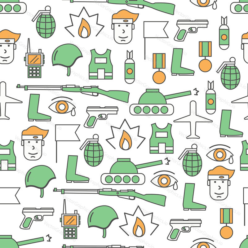 Vector seamless pattern with war, military, army symbols. Thin line art flat style design background, wallpaper.