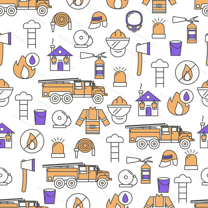 Vector seamless pattern with fire engine, firefighter tools and equipment extinguisher, axe, hose, etc. Thin line art flat style design firefighter background, wallpaper.