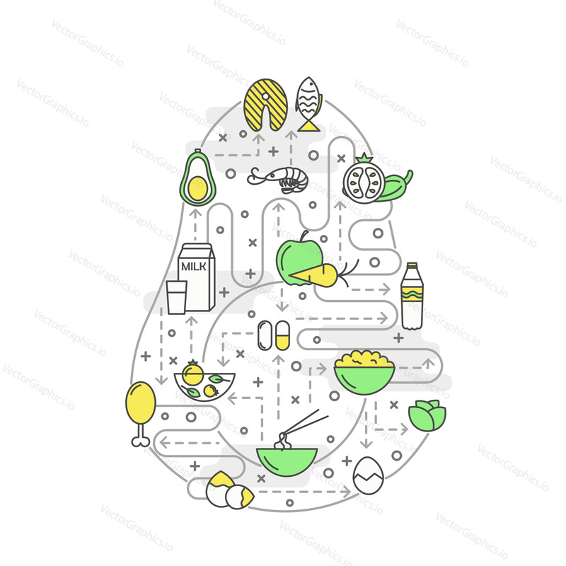 Proper food vector poster banner template. Organic healthy cooking, fresh natural products in the shape of avocado fruit. Fast-casual food and beverage service thin line art flat icons for web banner.