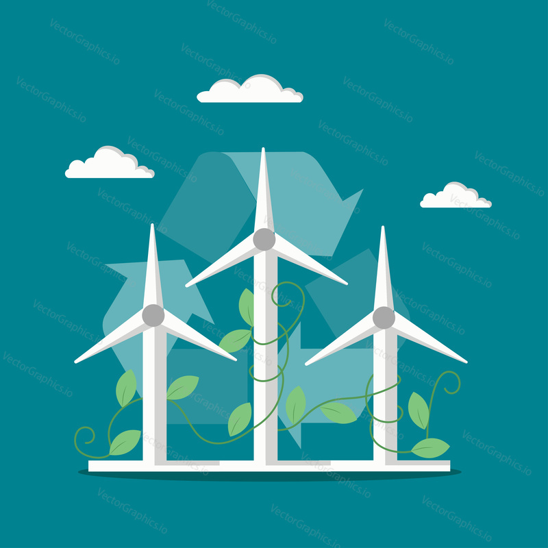 Environment conservation concept vector flat illustration. Windmills wind turbines, universal recycling symbol and green leaves. Eco nature. Wind power. Alternative energy resources.