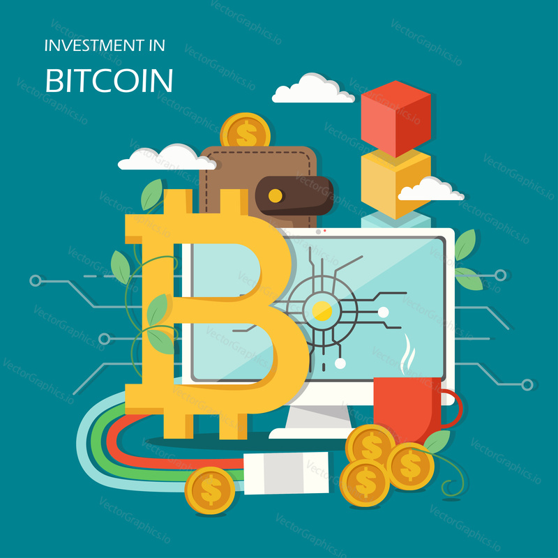 Investment in bitcoin concept vector illustration. Wallet with dollar coins, computer monitor with bitcoin sign and dollar coins derived from investments in bitcoin cryptocurrency. Flat style design.