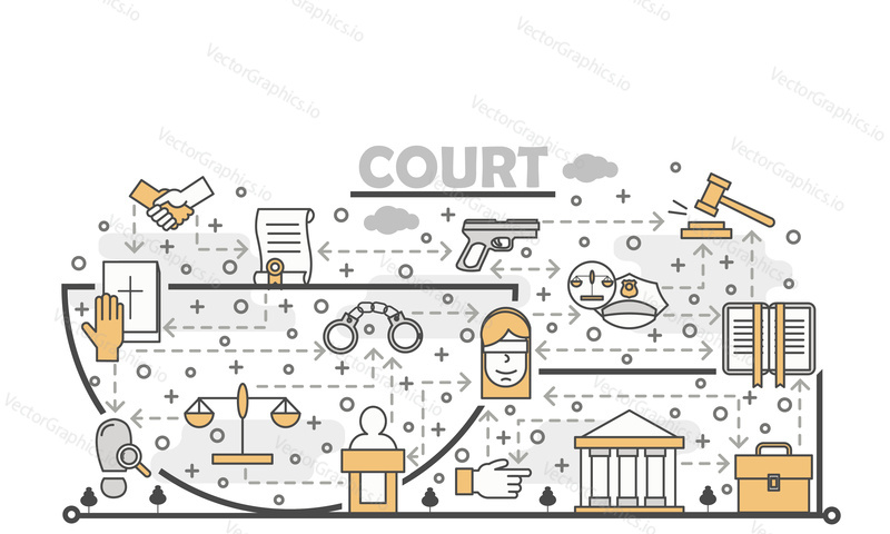Court poster banner template. Law and justice vector thin line art flat style design elements, icons for web banners and printed materials.