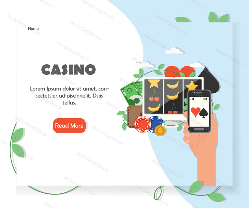 Online casino website homepage template. Vector flat style design element with copy space and read more button.