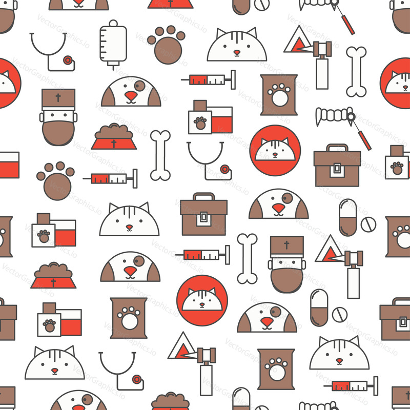 Vector seamless pattern with veterinary care symbols. Thin line art flat style design vet clinic services background, wallpaper.