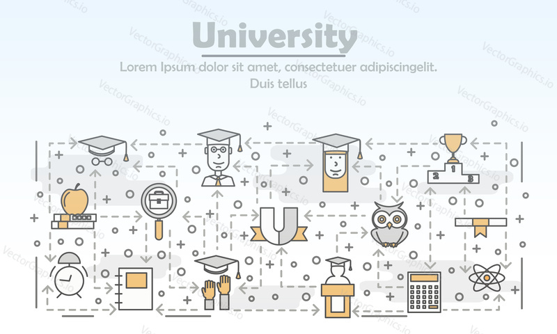University advertising poster banner template. Student, owl, graduation hat, diploma etc. vector thin line art flat style design elements, icons for web banners and printed materials.