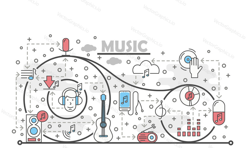 Music poster banner template. Music and sound vector thin line art flat style design elements, icons for web banners and printed materials.