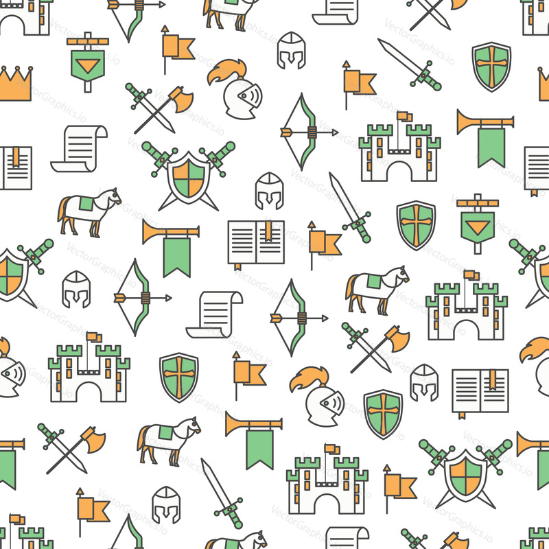 Vector seamless pattern with middle ages warrior knight clothing, armor and weapons, horse, castle etc. Thin line art flat style design medieval knights background, wallpaper.