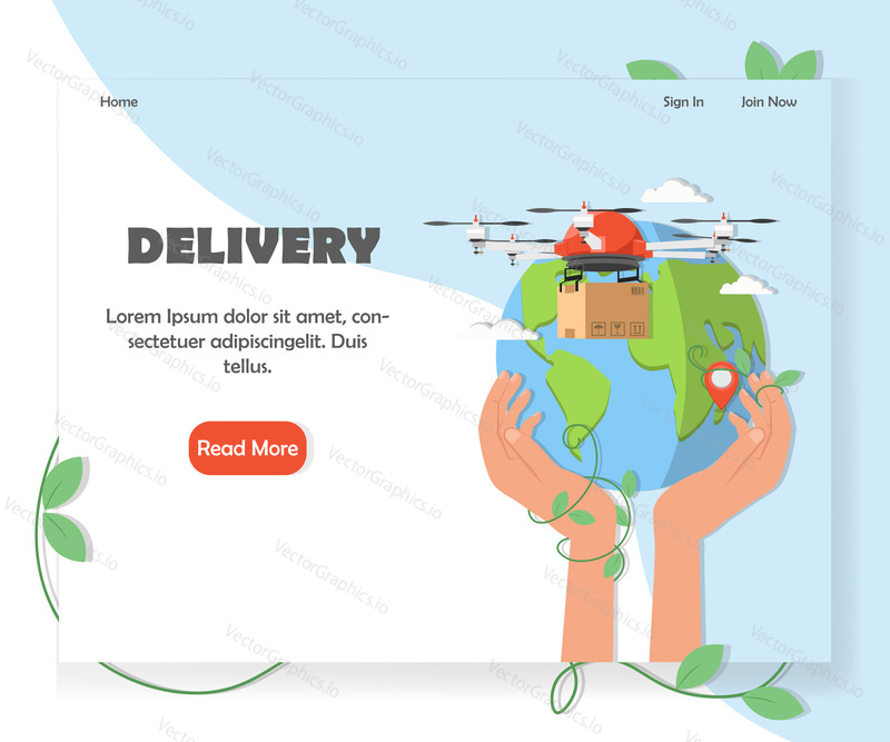 Drone delivery website homepage template. Vector flat style design element with copy space and read more button.