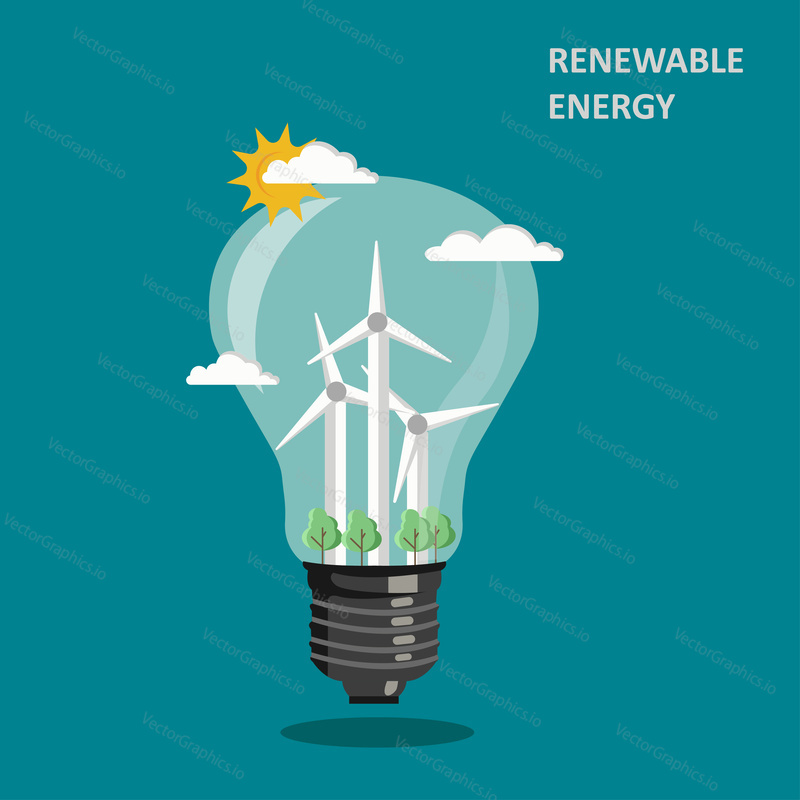 Renewable energy concept vector flat illustration. Windmills wind turbines and green trees inside of light bulb. Wind power alternative energy resource. Ecology protection and environment conservation