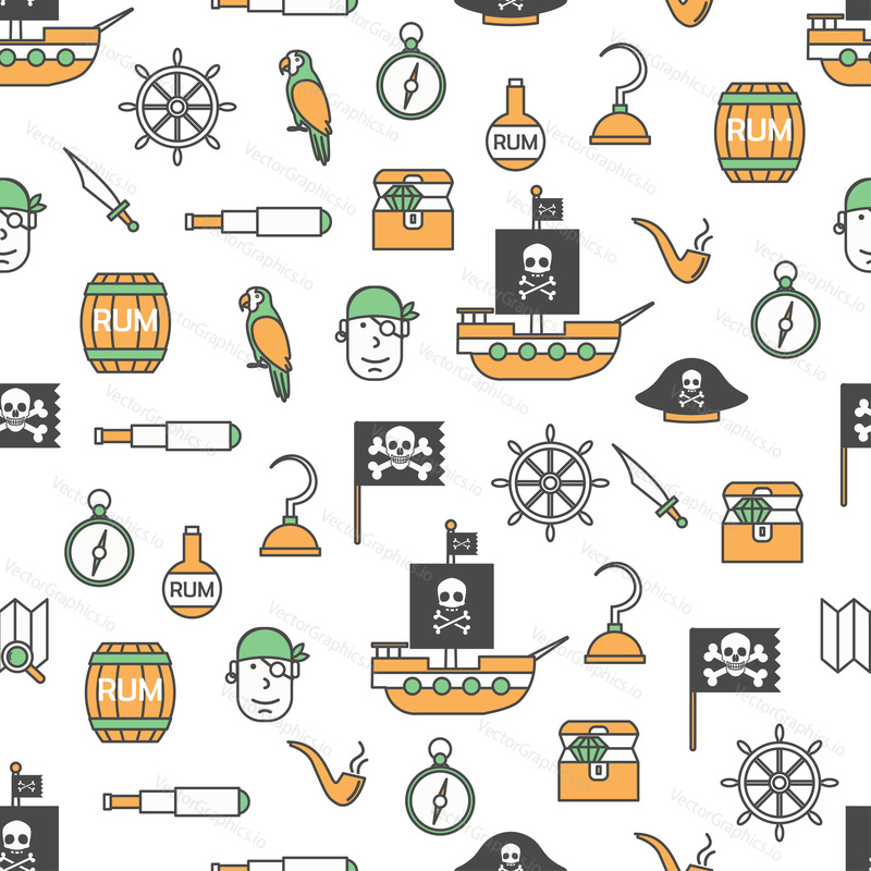 Vector seamless pattern with pirate hat ship treasure chest flag rum barrel spyglass, skull and bones, map parrot, steering wheel, hook etc. Thin line art flat style design pirate background wallpaper