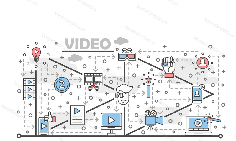 Video poster banner template. Video and cinema production symbols vector thin line art flat style design elements, icons for web banners and printed materials.