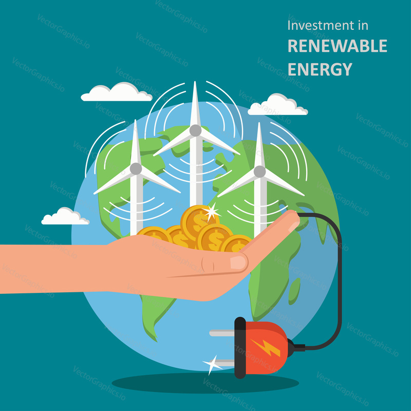 Investment in renewable clean energy concept vector flat illustration. Planet earth, windmills wind turbines with electric plug, human hand holding dollar coins.