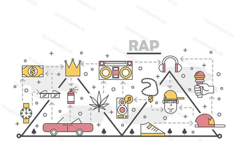 Шаблон баннера векторного плаката рэп-музыки. Певица хип-хоп музыки с аксессуарами цепочка очки часы шапочка для обуви ретро автомобиль громкоговорители микрофон и т.д. Тонкие линии художественных плоских иконок для Интернета, печатных материалов.