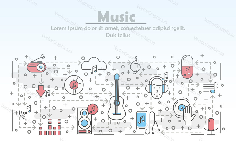 Music advertising poster banner template. Music and sound vector thin line art flat style design elements, icons for web banners and printed materials.