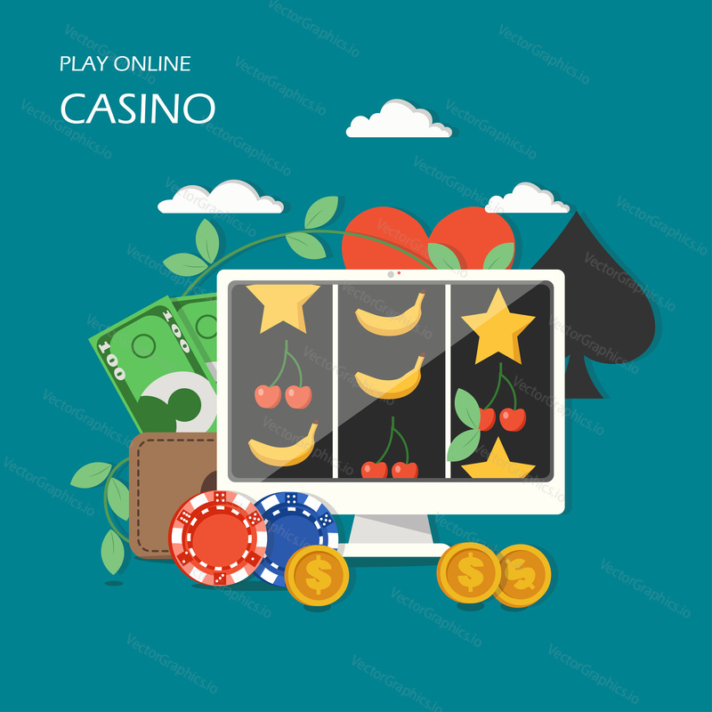 Online casino concept vector illustration. Internet slot machine game on computer screen, poker chips, dollar coins, wallet with paper money. Flat style design element for poster, banner etc.