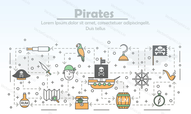 Шаблон баннера рекламного векторного плаката пиратов. Корабль в пиратской шляпе, сундук с сокровищами, флаг, бочонок рома, подзорная труба, череп и кости, карта, компас и т.д. Тонкие линии художественных плоских иконок для Интернета, печатных материалов.