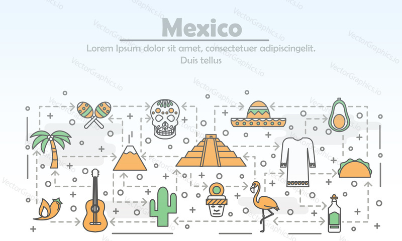 Шаблон баннера рекламного векторного плаката Мексики. Символы мексиканской культуры и кухни сомбреро маракасы гитара кактус пирамида майя тако сахарный череп текила и т.д. Тонкие линии художественных плоских иконок для Интернета, печати